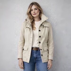 [m] Vintage Leather Jacket coat trench boho cream ivory beige autumn fall